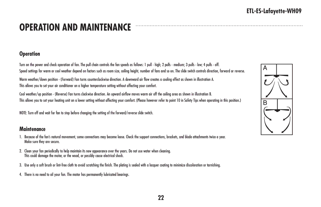 Westinghouse ETL-ES-Lafayette-WH09 owner manual Operation And Maintenance 